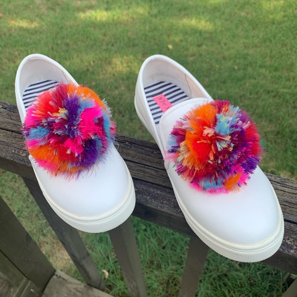 Betsey Johnson Feather Pom-Pom Leather Sneakers - Picture 2 of 16